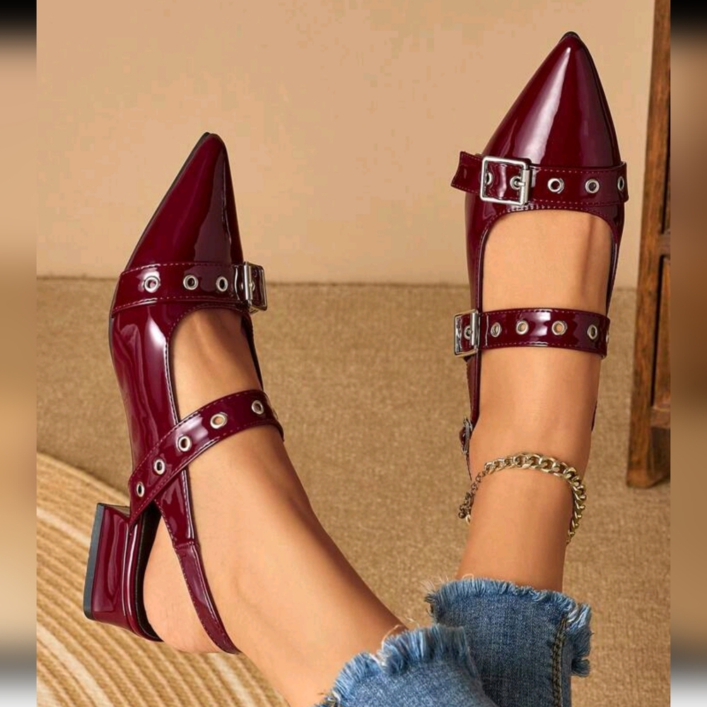Women Rivet Pointed Toe Block Heel Mules Loafers, Burgundy - Picture 1 of 8